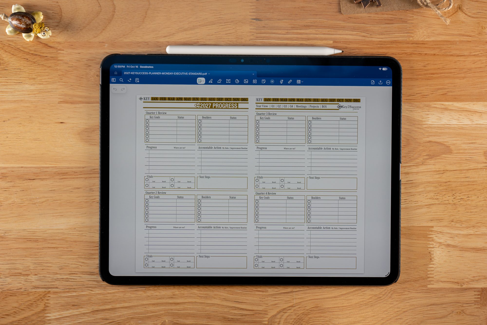 Business Operating System 3 Key2Success 2027 Progress page with four quarterly reviews, on iPad in GoodNotes