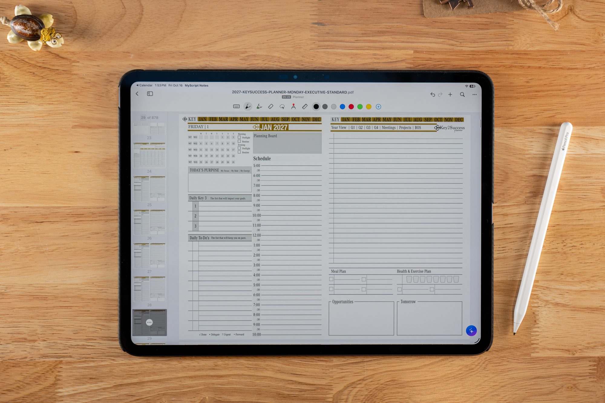 Best Handwriting Recognition Apps for Digital Planners: Using Key2Success in OneNote, Goodnotes & More 2 2027 Key2Success Digital Planner Daily Page in landscape view in MyScript on iPad