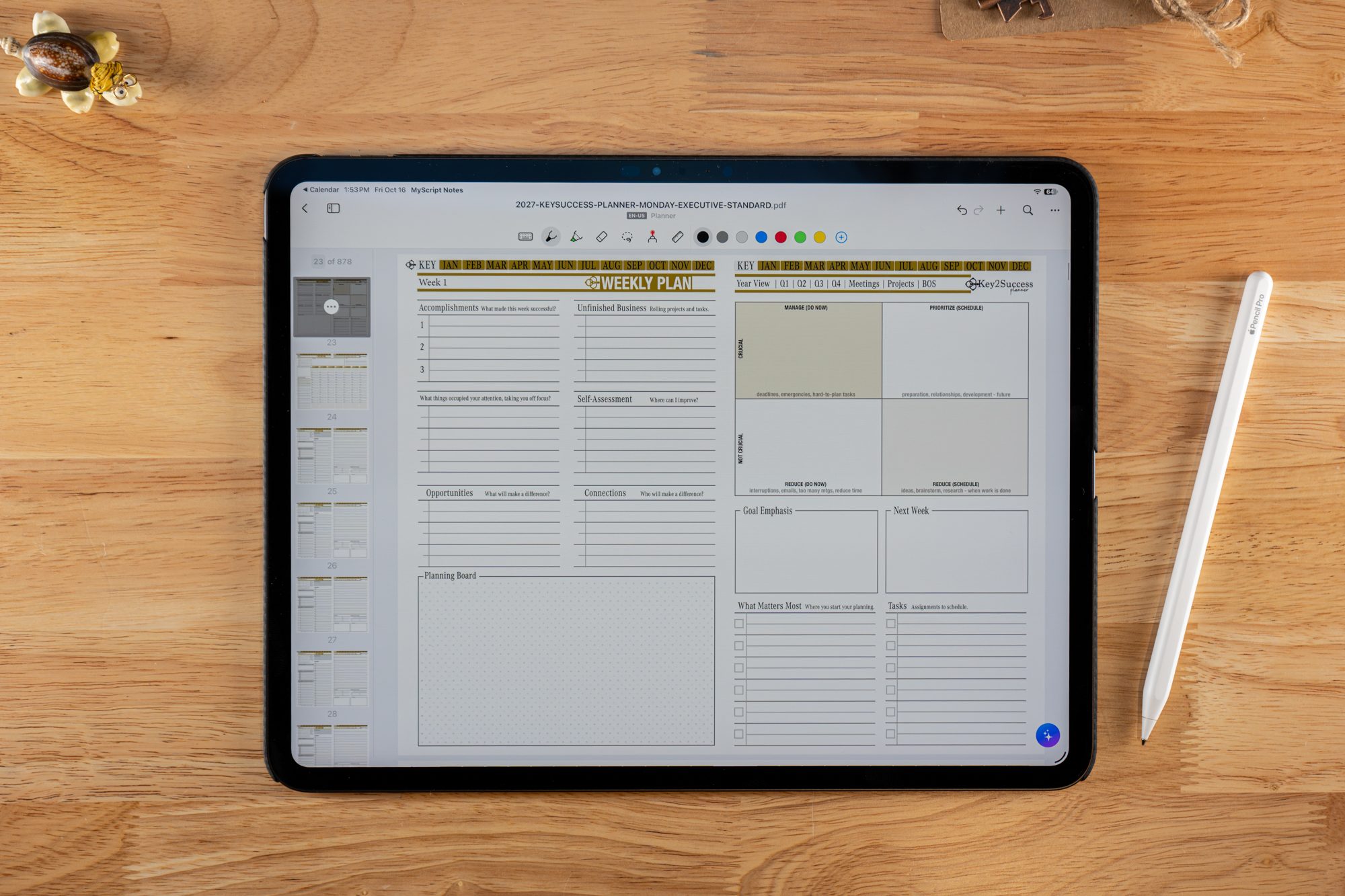 OneNote vs Nebo App 1 2027 Key2Success Digital Planner Weekly Plan in landscape view in MyScript on iPad