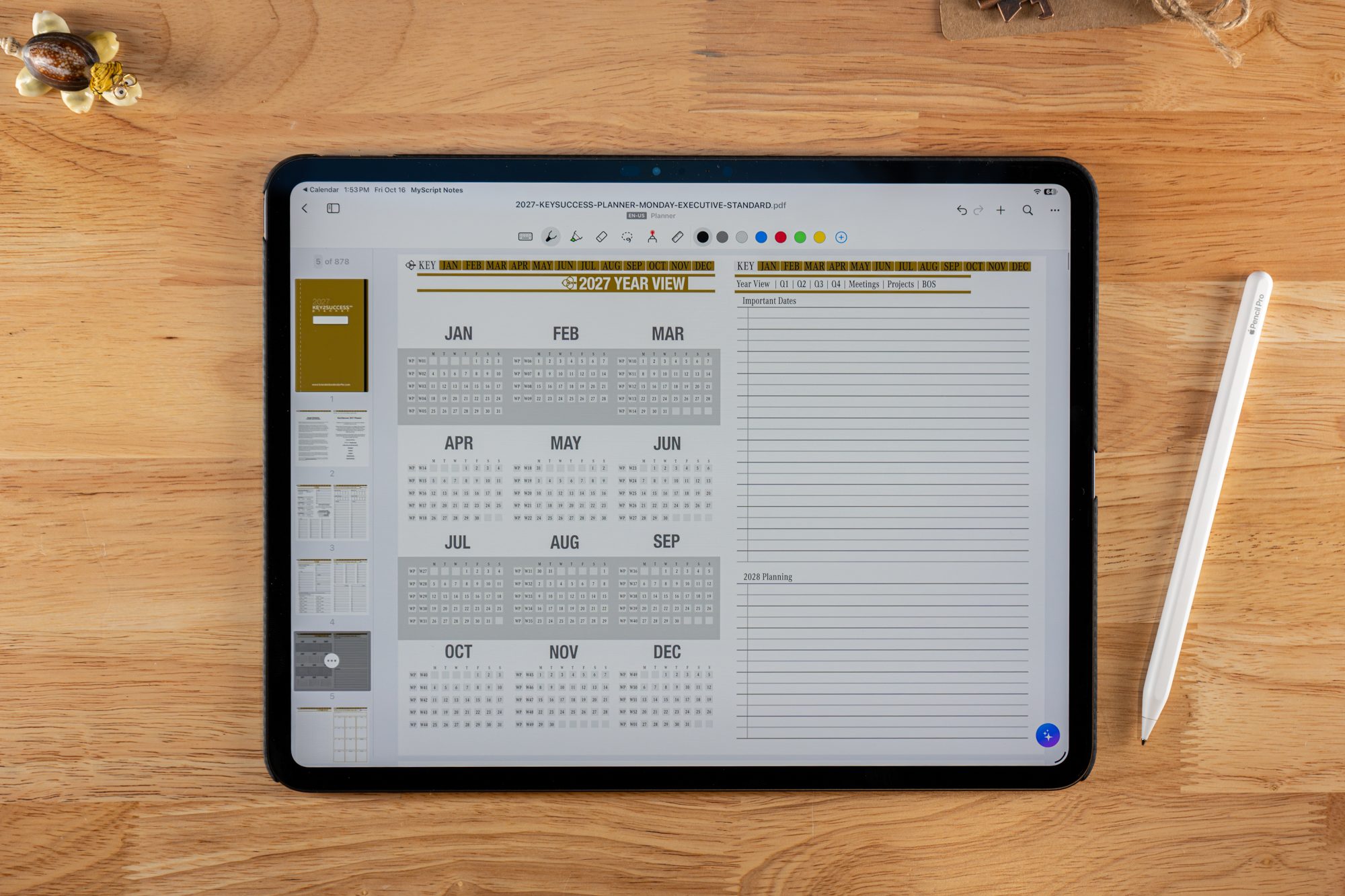 OneNote vs Nebo App 2 2027 Key2Success Digital Planner 2027 Year View in landscape view in MyScript on iPad