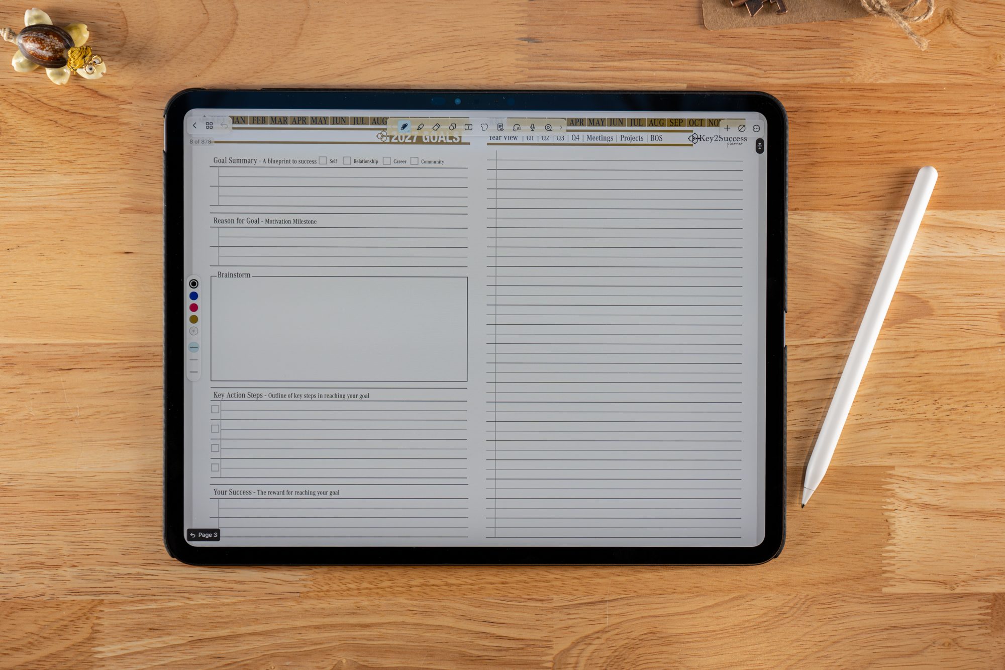 Noteshelf App: 5 2027 Key2Success Digital Planner 2027 Goals in landscape view in Noteshelf on iPad