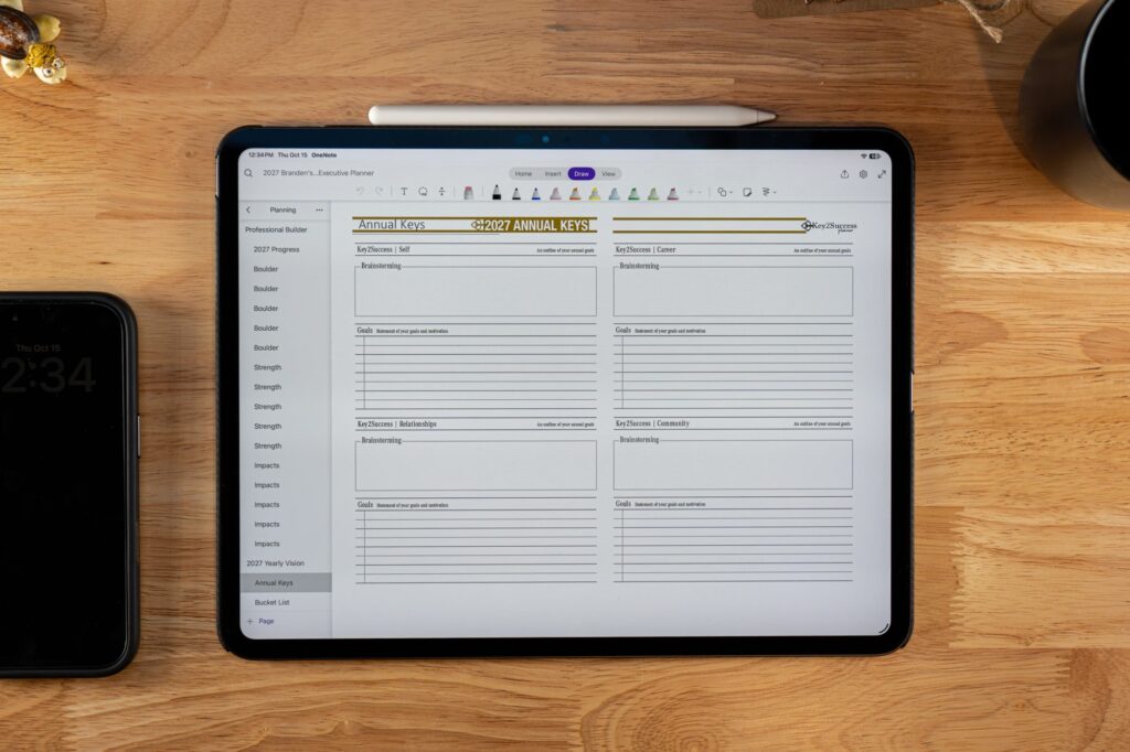 OneNote Digital Planners Shop 3 2027 Key2Success Digital Planner 2027 Annual Keys in landscape view in OneNote on iPad