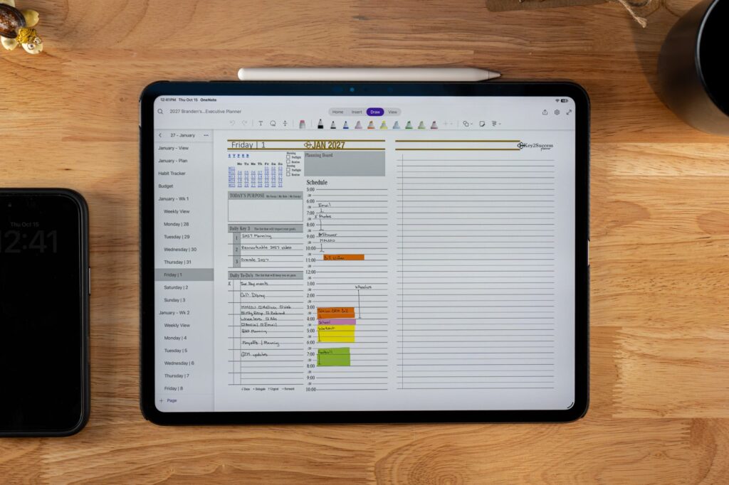GoodNotes vs OneNote 2026: Which Is Better for Digital Planners? 5 2027 Key2Success Digital Planner Daily Page in landscape view in OneNote on iPad with handwriting