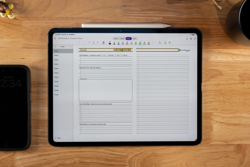 OneNote Digital Planners Shop 7 2027 Key2Success Digital Planner 2027 Goals in landscape view in OneNote on iPad