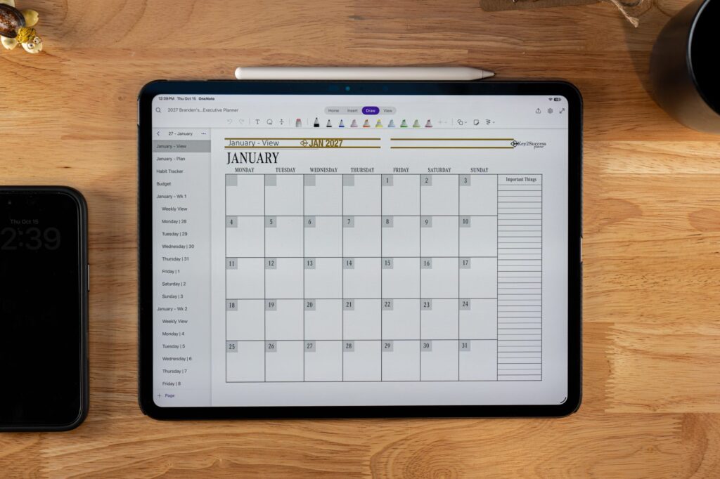 OneNote Digital Planners Shop 5 2027 Key2Success Digital Planner January 2027 Monthly Calendar in landscape view in OneNote on iPad