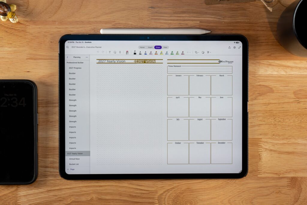 OneNote Digital Planners Shop 2 2027 Key2Success Digital Planner 2027 Vision in landscape view in OneNote on iPad