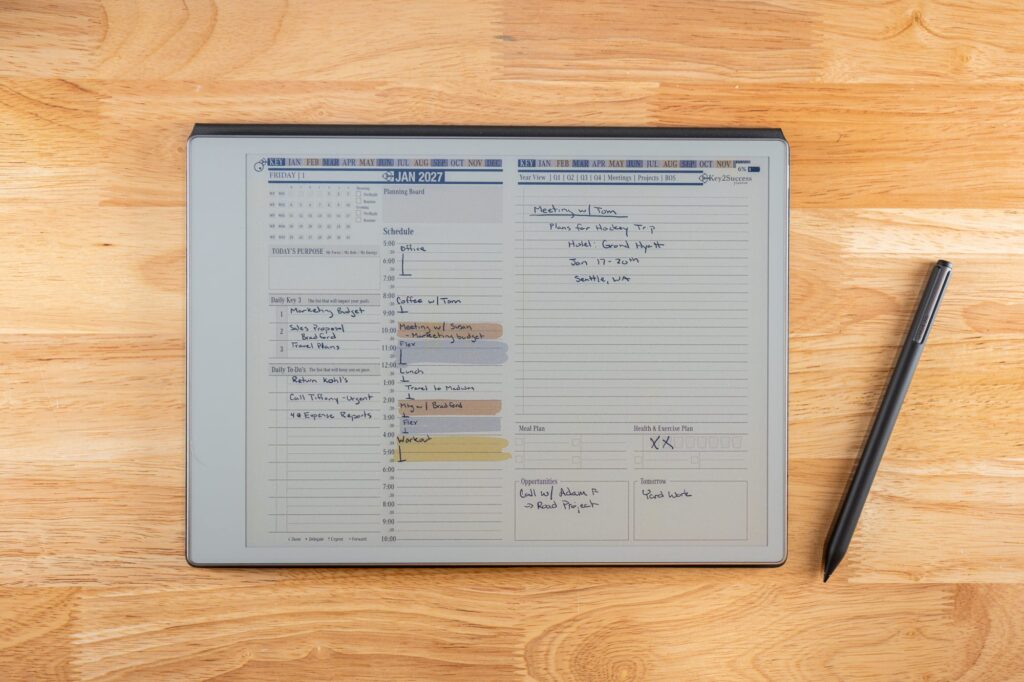 2027 Key2Success Digital Planner Daily Page in landscape view on reMarkable Paper Pro with handwriting