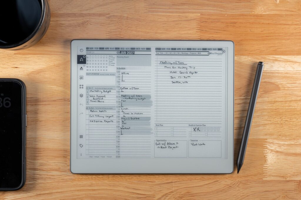 reMarkable Paper Pure Review 1 2027 Key2Success Digital Planner Daily Page in landscape view on reMarkable Paper Pure with handwriting