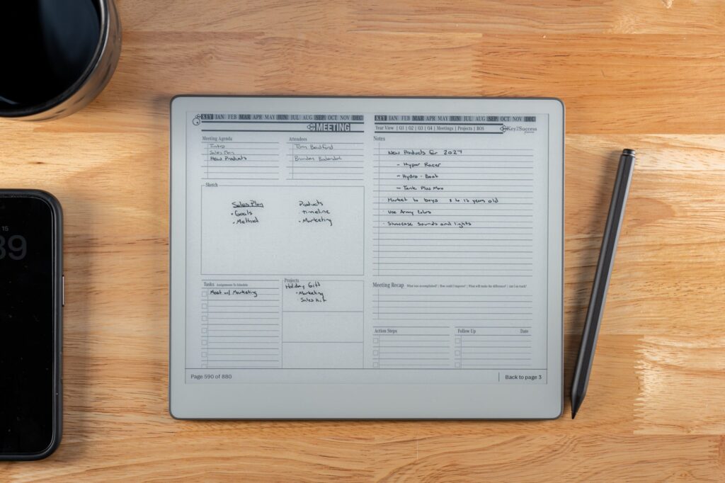 reMarkable Paper Pure Templates: Build a Daily Planning System with Key2Success 4 2027 Key2Success Digital Planner Meeting Page in landscape view on reMarkable Paper Pure with handwriting