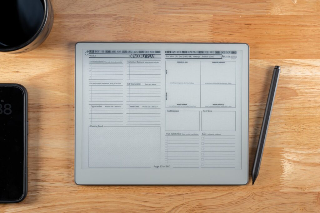 reMarkable Paper Pure Review 2 2027 Key2Success Digital Planner Weekly Plan in landscape view on reMarkable Paper Pure