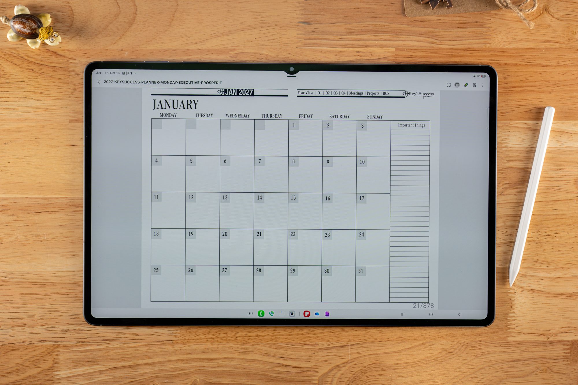 2027 Key2Success Planner January Monthly Calendar in landscape view in Samsung Notes on Samsung Tab