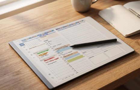 reMarkable tablet showing a daily planning tile with time blocks and task list