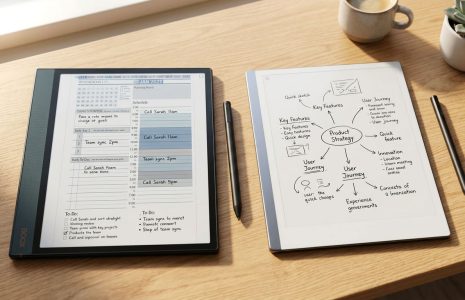 Onyx Boox Note Air 5c and reMarkable Paper Pro side by side on a desk