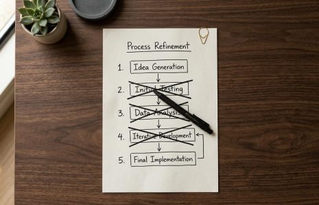 Business process flowchart on desk with three steps crossed out, representing the delete step of Elon Musk's Algorithm process improvement framework