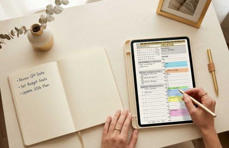 Open dot-grid bullet journal beside a tablet running the Key2Success digital planner