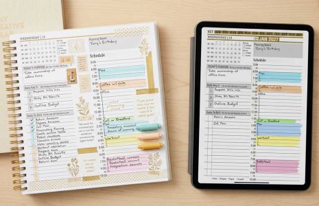 Erin Condren style paper planner beside a tablet running the Key2Success digital planner