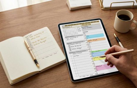 Hobonichi Techo paper planner beside a tablet running the Key2Success digital planner