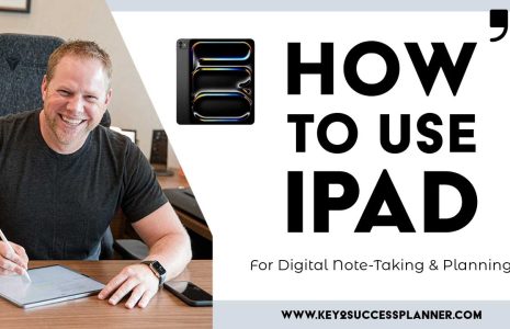 Branden at a desk with ipad showing how to use ipad for note-taking