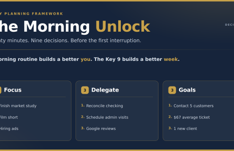 The Morning Unlock daily planning framework: three Focus items, three Delegate items, three Goals