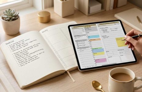 Passion Planner goals list beside the Key2Success weekly planner on a tablet