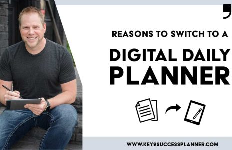 switch to a digital daily planner header image with paper icon and Branden using a tablet